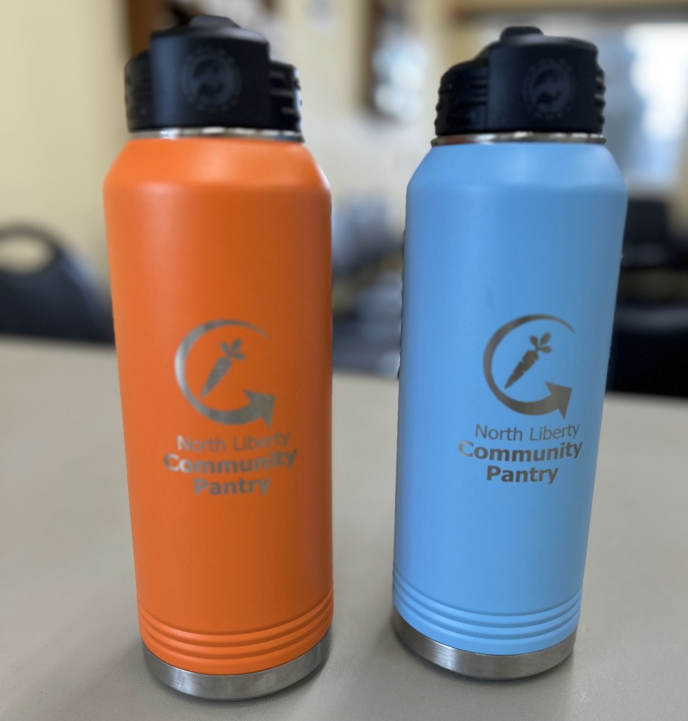 One orange and one blue water bottle each with the North Liberty Community Pantry logo on the front.